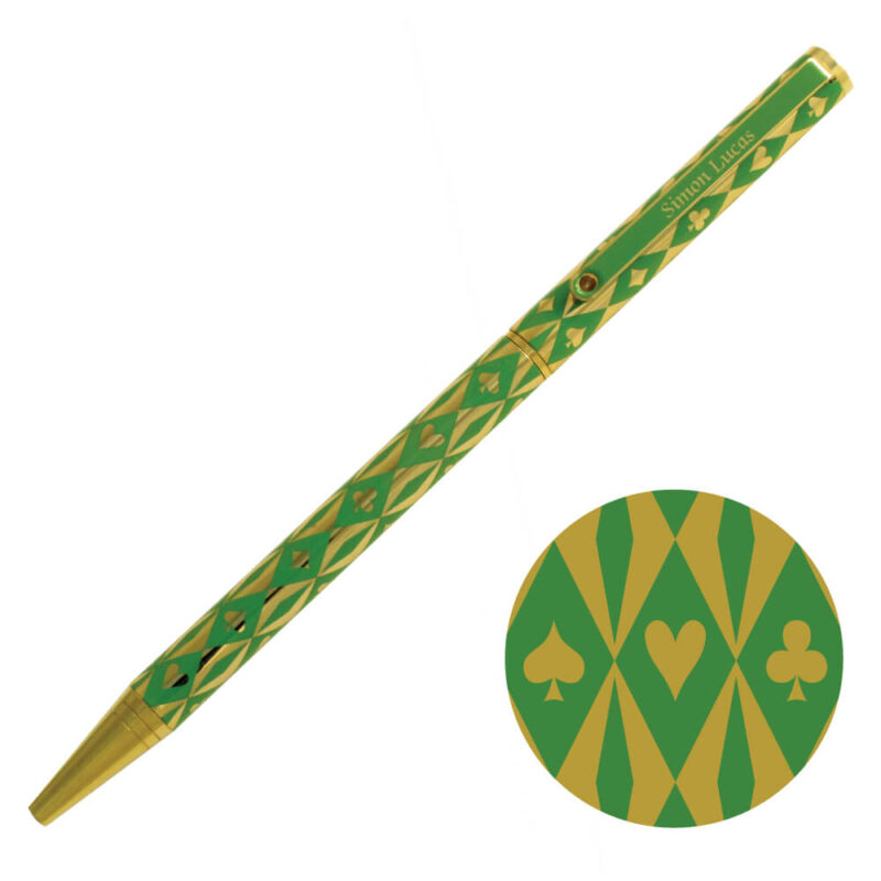 Luxury Bridge Pen - Harlequin Gold Plated Pen - Green with gold suit symbols