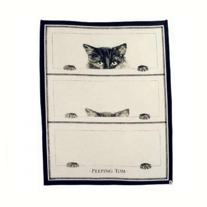 bob bowdige peeping tom cat illustration tea towel
