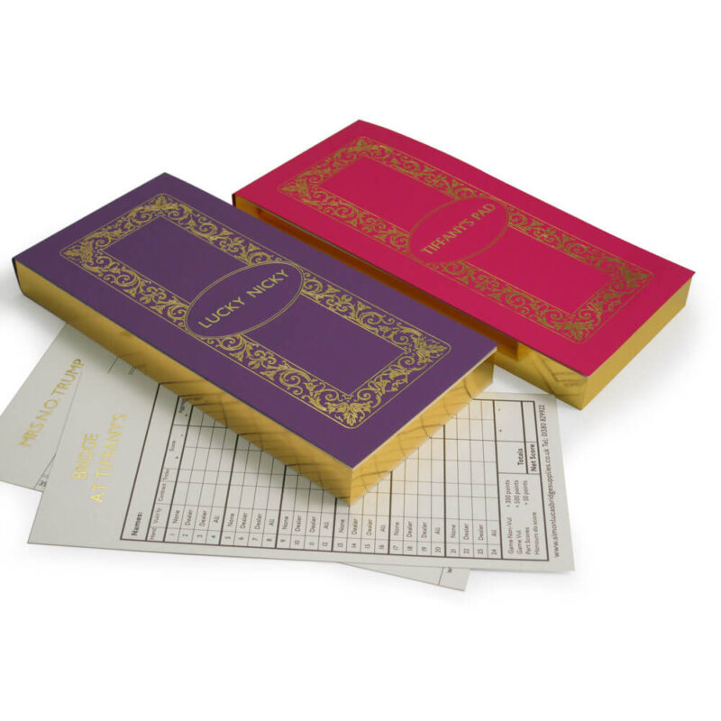 Gilt Edged Luxury Personalised Bridge Score Pads - Purple and Bubblegum with Gold Gilding