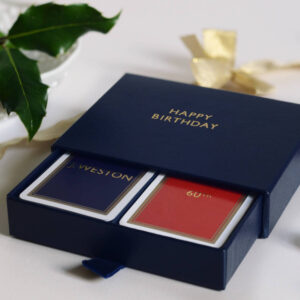 personalised playing cards in handmade personalised blue box