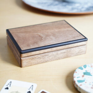 walnut wood playing card box ebonised lemon wood trim closed