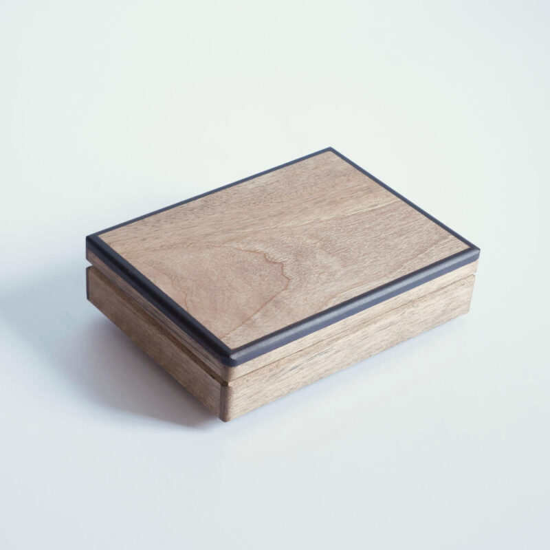 walnut wood playing card box ebonised lemon wood trim closed