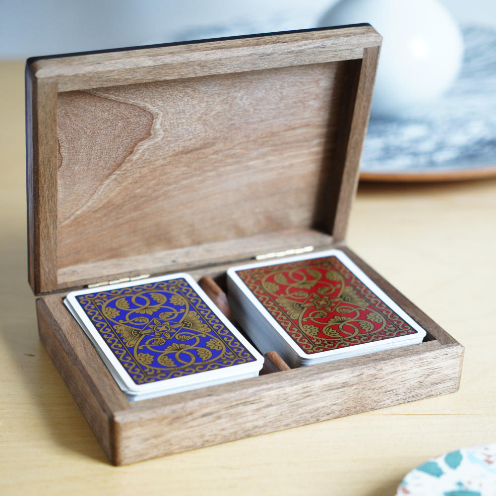 walnut wood playing card box ebonised lemon wood trim open