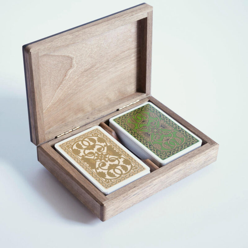 walnut wood playing card box ebonised lemon wood trim with emporium playing cards