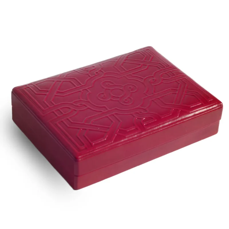 red celtic geometric design leather playing card box for poker or bridge playing cards box angled
