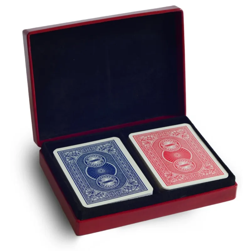 red leather playing card box for poker or bridge playing cards open