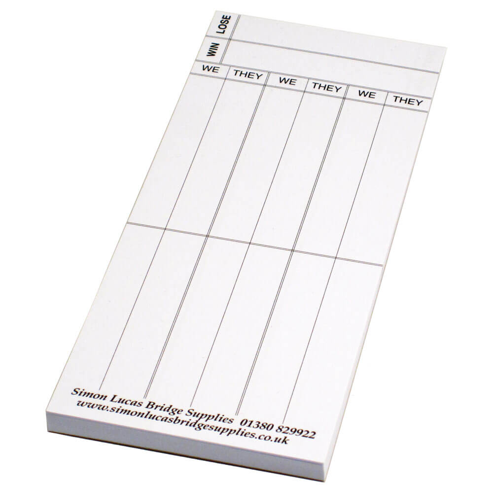Rubber Bridge Score Cards 100 Rubbers Per Pad
