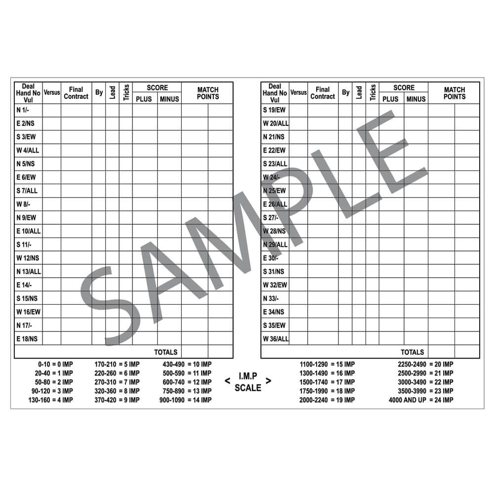 Bridge Scoring Chart