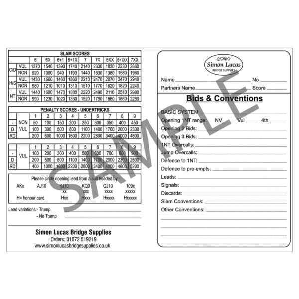 Simon Lucas Bids and Conventions Duplicate Score Cards - Set of 100